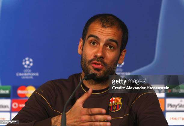 Josep Guardiola, head coach of Barcelona talks to the media during the FC Barcelona press conference at the Allianz Arena on April 13, 2009 in...
