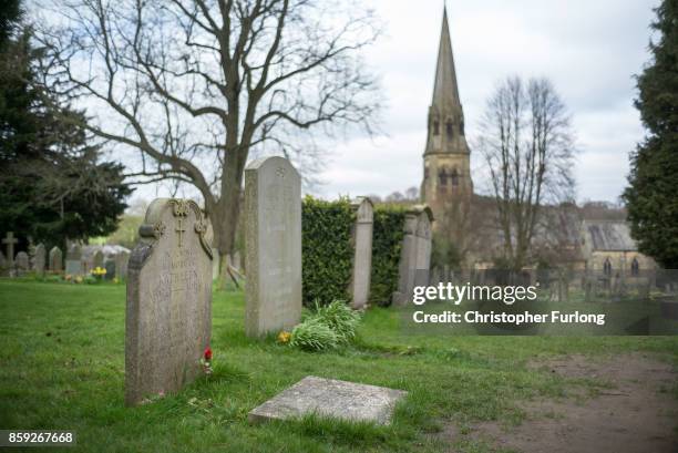 The grave of Kathleen Agnes Cavendish, Marchioness of Hartington, sits in the churchyard of St Peter's Church, Edensor on April 4, 2017 in...