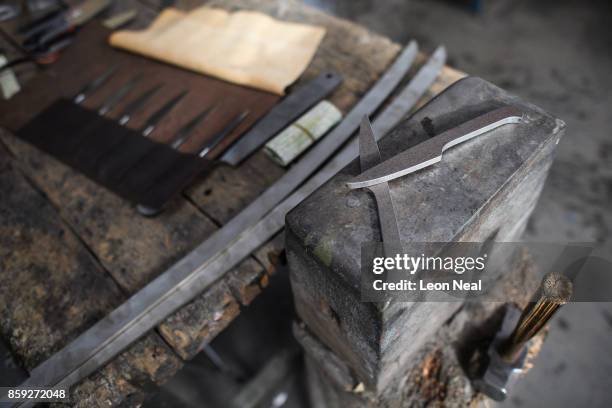 Knife blanks are seen in bespoke cutler and knife-maker Stuart Mitchell's workshop, where he makes artisan knives and swords, on November 8, 2016 in...