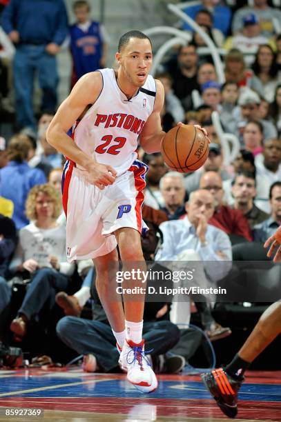 Tayshaun Prince of the Detroit Pistons drives the ball up court during the game against the Charlotte Bobcats on April 5, 2009 at The Palace of...