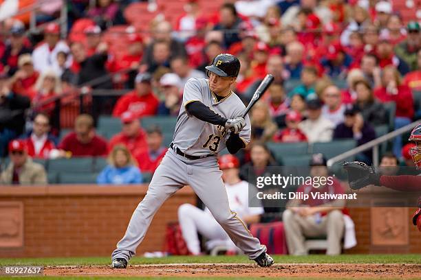 Nate McLouth of the Pittsburgh Pirates stands at bat during the MLB game against the St. Louis Cardinals on April 9, 2009 at Busch Stadium in St....
