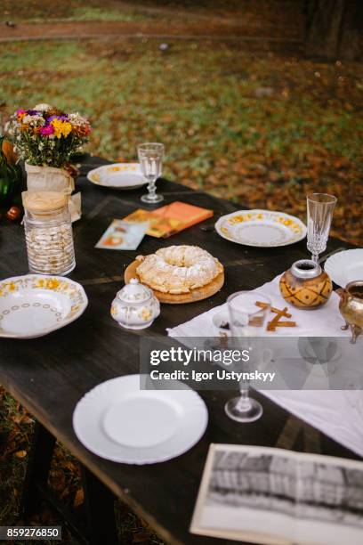 cozy autumn picnic in the garden - nuts magazine stock pictures, royalty-free photos & images