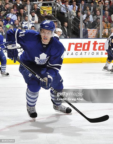 Nikolai Kulemin of the Toronto Maple Leafs skates during game action against the Buffalo Sabres April 8, 2009 at the Air Canada Centre in Toronto,...
