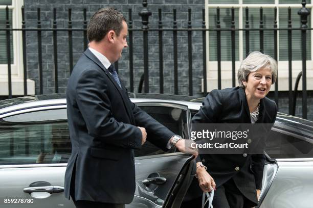 Britain's Prime Minister, Theresa May arrives in Downing Street on October 9, 2017 in London, England. Prime Minister Theresa May will tell...