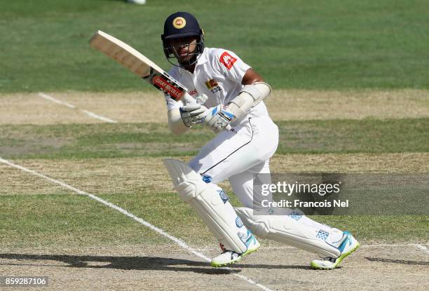 Kusal Mendis of Sri Lanka bats during Day Four of the Second Test between Pakistan and Sri Lanka at Dubai International Cricket Ground on October 9,...