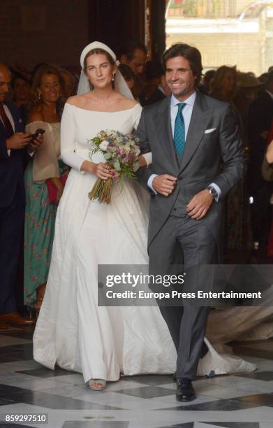 Sibi Montes and Alvaro Sanchis attend their wedding at Parroquia Santa Ana on October 7, 2017 in Seville, Spain.