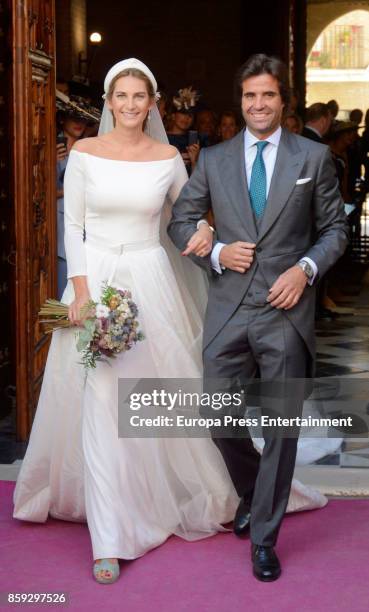 Sibi Montes and Alvaro Sanchis attend their wedding at Parroquia Santa Ana on October 7, 2017 in Seville, Spain.