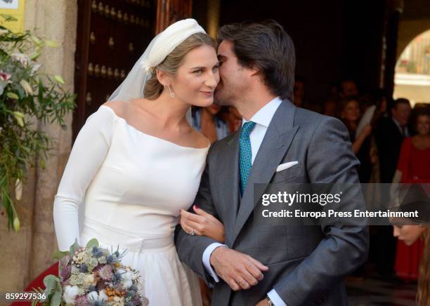 Sibi Montes and Alvaro Sanchis attend their wedding at Parroquia Santa Ana on October 7, 2017 in Seville, Spain.