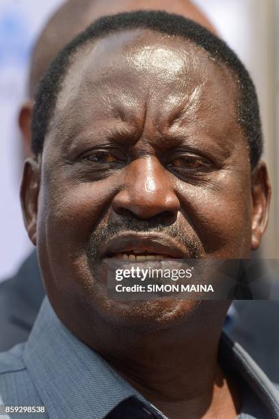 Kenya's opposition leader and presidential candidate of the National Super Alliance coalition, Raila Odinga speaks during a press conference on...