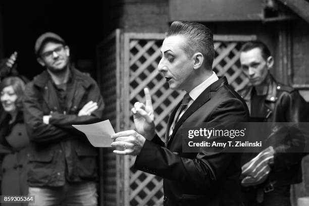 Benjamin Louche a founder of the Double R Club welcomes fans to the rock throwing competition during the Twin Peaks UK Festival 2017 at Hornsey Town...