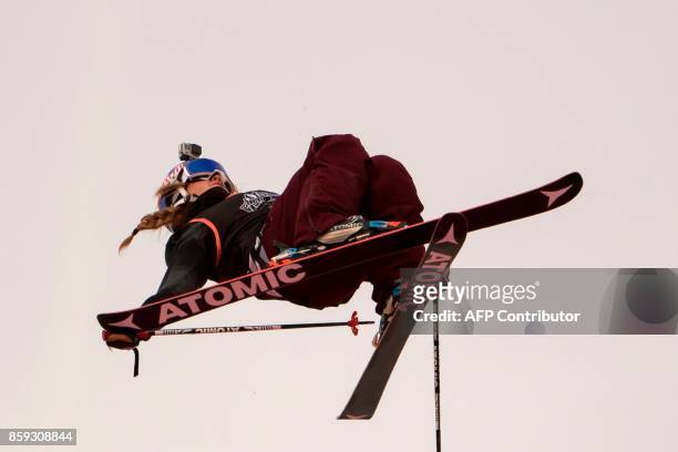 French freestyle skier and 2017 slopestyle world champion, Tess Ledeux performs a jump at the Sosh Big Air track during the Big Air festival in...
