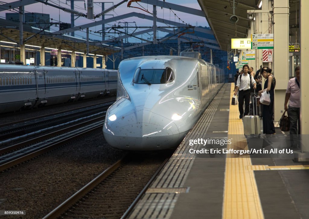 Shinkansen train in a station, Hypgo Prefecture, Himeji, Japan...