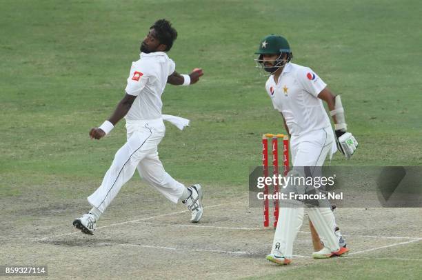 Nuwan Pradeep of Sri Lanka bowls during Day Four of the Second Test between Pakistan and Sri Lanka at Dubai International Cricket Ground on October...