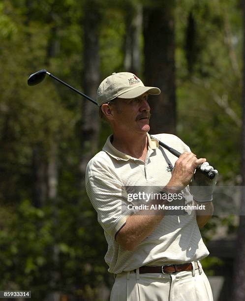 Tennis great Stan Smith drives from the first tee during the April 13, 2005 Pro Am at the MCI Heritage at Hilton Head Island.