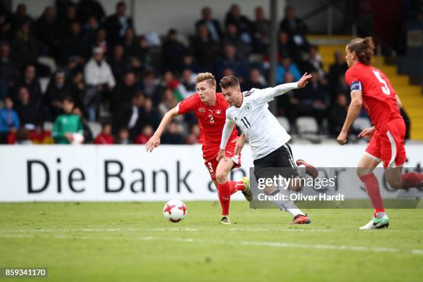David Tomic of Germany and Tobias Schaettin of Switzerland compete for the ball during the international friendly U20 match between U20 Germany and...