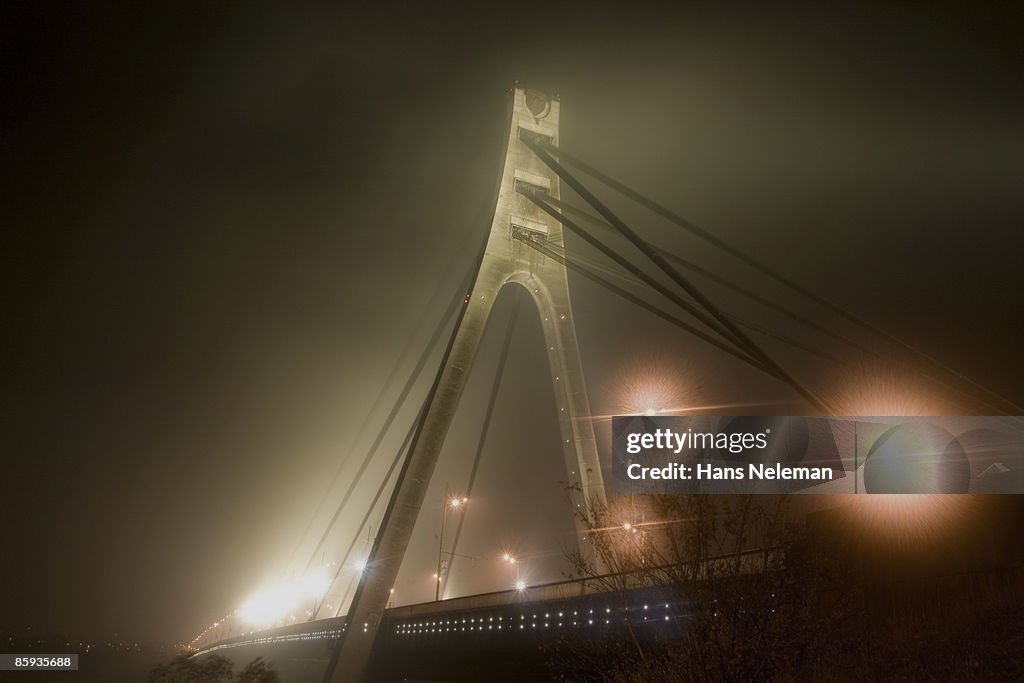 Bridge in the fog, over the Dnieper River