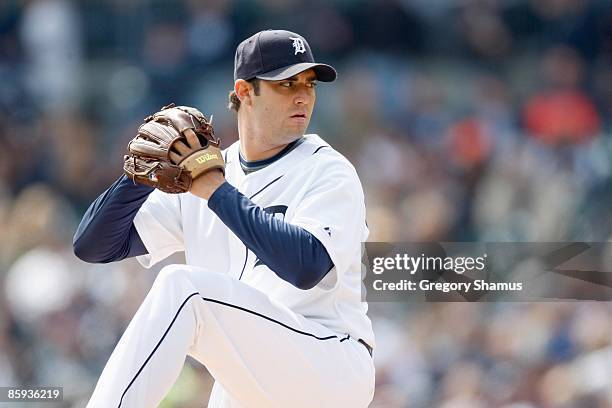 Armando Galarraga of the Detroit Tigers delivers the pitch against the Texas Rangers during Opening Day on April 10, 2009 at Comerica Park in...