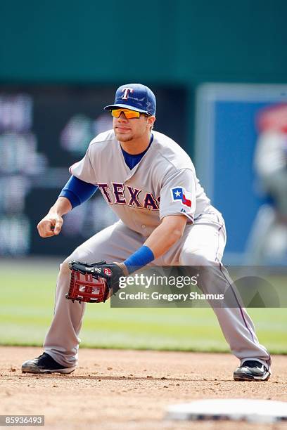 Chris Davis of the Texas Rangers gets ready infield against the Detroit Tigers during Opening Day on April 10, 2009 at Comerica Park in Detroit,...