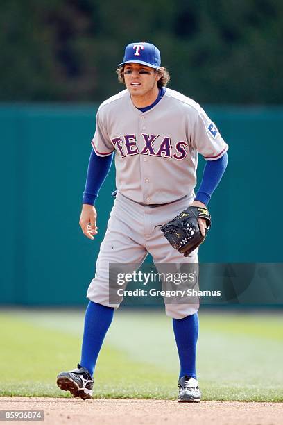 Ian Kinsler of the Texas Rangers gets ready infield against the Detroit Tigers during Opening Day on April 10, 2009 at Comerica Park in Detroit,...