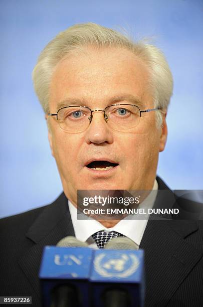 Russian Ambassador to the UN Vitaly Churkin talks to the press, after a UN Security Council meeting at the United Nations in New York, April 13,...