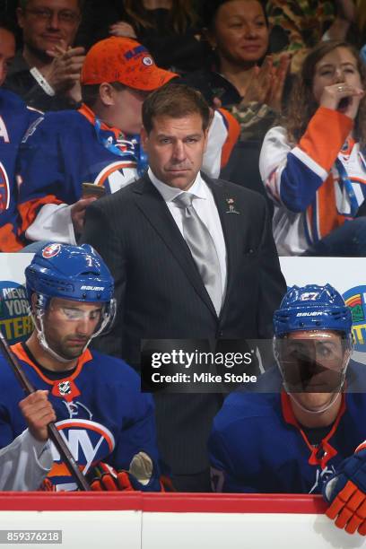 Head coach of the New York Islanders Doug Weight looks on from the bench during the game against the Buffalo Sabres at Barclays Center on October 7,...