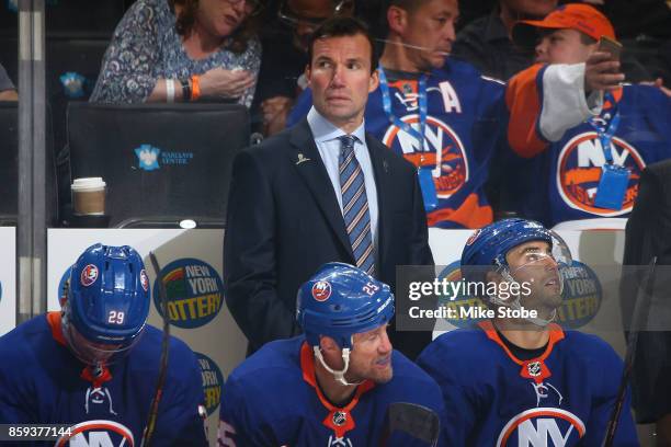 Assistant coach Luke Richardson looks on from the bench during the game against the Buffalo Sabres at Barclays Center on October 7, 2017 in New York...