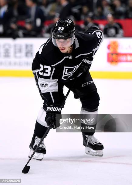 Dustin Brown of the Los Angeles Kings at the faceoff circle during opening night of the Los Angeles Kings 2017-2018 season against the Philadelphia...