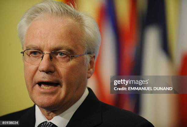 Russian Ambassador to the UN Vitaly Churkin talks to the press, after a UN Security Council meeting at the United Nations in New York, April 13,...