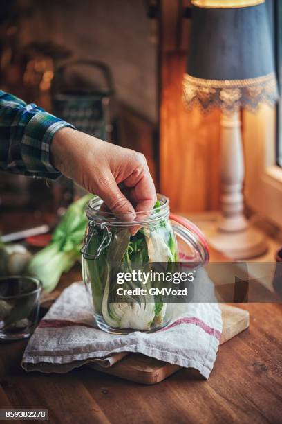 preservare il bok choy biologico nei barattoli - preservare foto e immagini stock