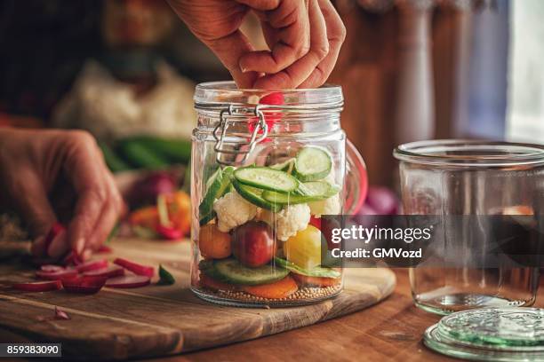 erhaltung der bio gemischtes gemüse in gläsern - eingemacht stock-fotos und bilder