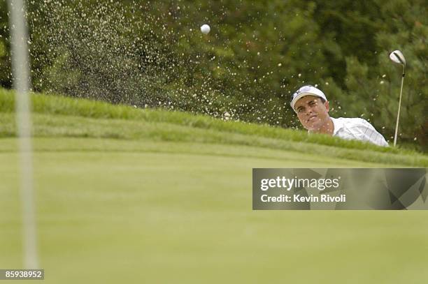 Scott Gardiner hits out of a bunker on the 17th hole during the second round of the 2005 Nationwide Tour Xerox Classic in Rochester, New York on...