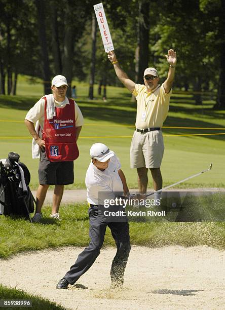 Scott Gardiner hits out of the sand on the sixth hole during the final round of the Nationwide Tour Xerox Classic in Rochester, New York, Aug. 21,...
