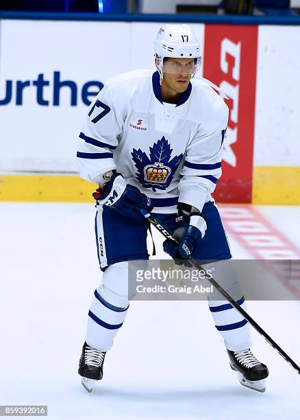 Richard Clune of the Toronto Marlies skates in warmup prior to a game against the Utica Comets on October 7, 2017 at Ricoh Coliseum in Toronto,...
