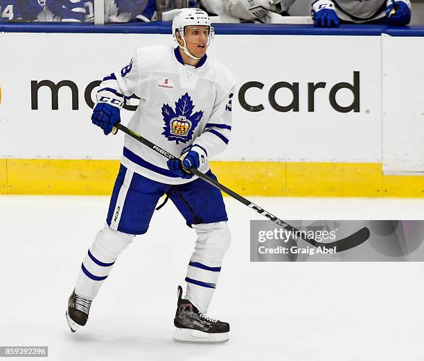 Colin Greening of the Toronto Marlies watches the play develop against the Utica Comets during AHL game action on October 7, 2017 at Ricoh Coliseum...