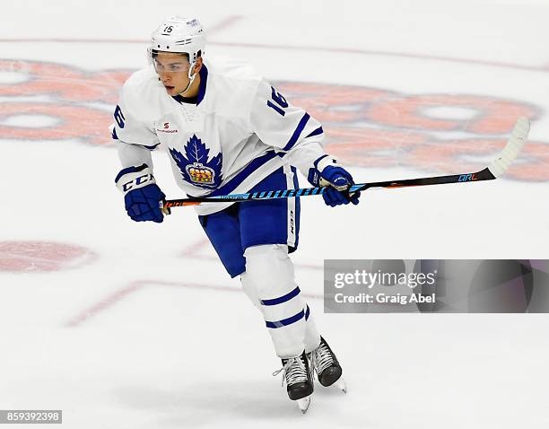 Kerby Rychel of the Toronto Marlies turns up ice against the Utica Comets during AHL game action on October 7, 2017 at Ricoh Coliseum in Toronto,...