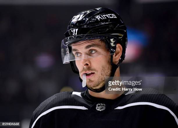 Nick Shore of the Los Angeles Kings skates to the faceoff circle during opening night of the Los Angeles Kings 2017-2018 season against the...