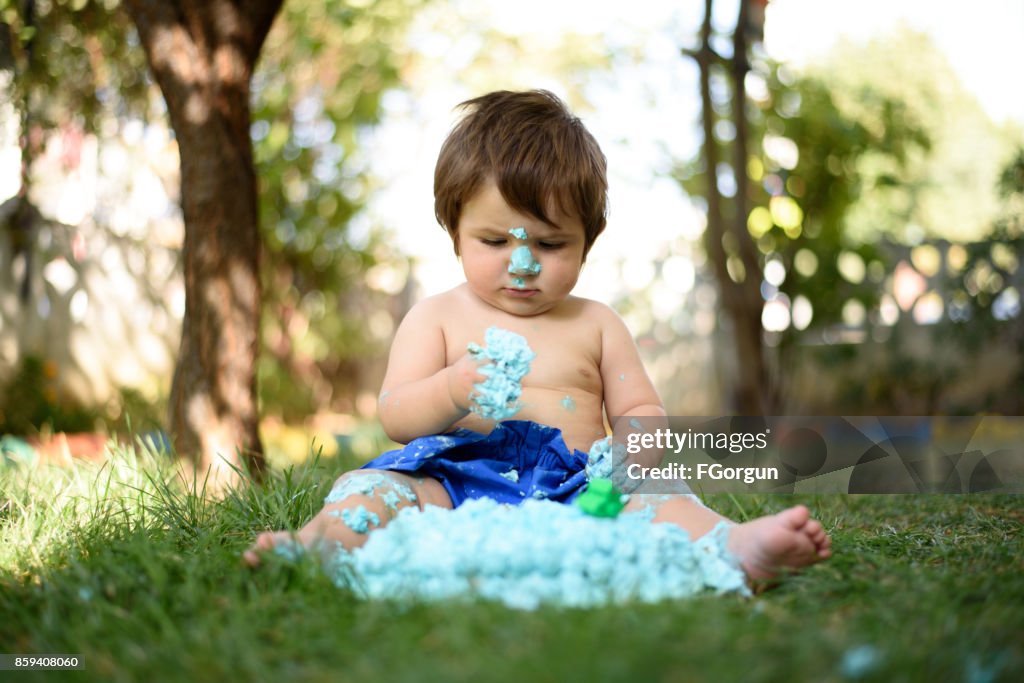 Baby playing with a cake during cake smash birthday party