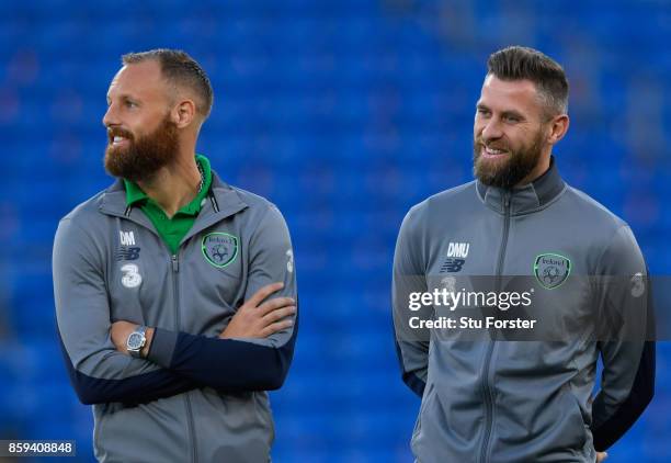 David Meyler of the Republic of Ireland speaks to Daryl Murphy of the Republic of Ireland on the pitch prior to the FIFA 2018 World Cup Group D...