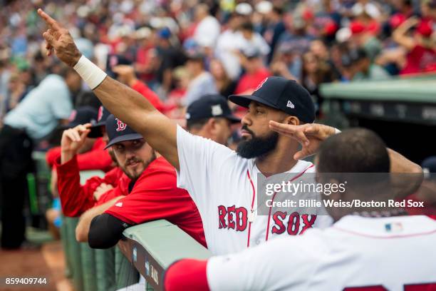 Chris Young of the Boston Red Sox reacts before game four of the American League Division Series against the Houston Astros on October 9, 2017 at...