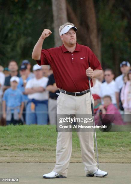 Carl Pettersson sinks a par-saving putt on the 18th green during the final round of the 2005 Chrysler Championship at the Westin Innsbrook Resort,...