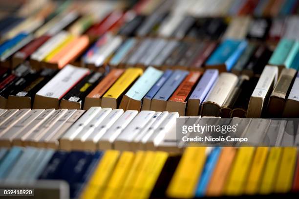 Books are pictured during Portici di Carta . Portici di Carta is an annual event where 128 book sellers are placed in the Turin center transforming...
