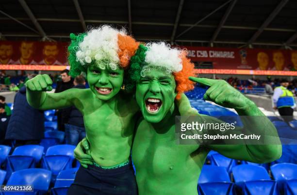 Cardiff , United Kingdom - 9 October 2017; Republic of Ireland supporters Clayton Peppard, age 11, with his dad Shane, from Clondalkin, Dublin, prior...