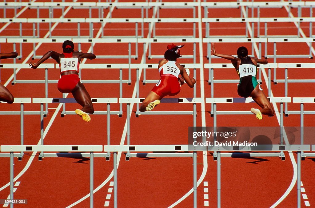 Hurdles, female athletes in action, rear view