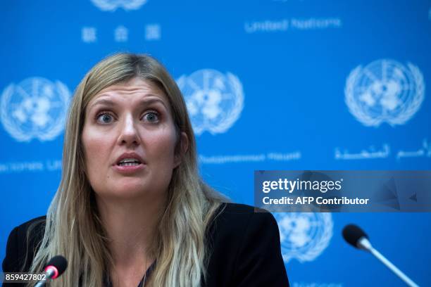 Nuclear disarmament group International Campaign to Abolish Nuclear Weapons executive director Beatrice Fihn answers a question during a press...