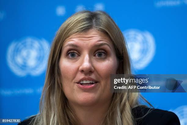Nuclear disarmament group International Campaign to Abolish Nuclear Weapons executive director Beatrice Fihn answers a question during a press...