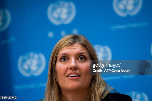 Nuclear disarmament group International Campaign to Abolish Nuclear Weapons executive director Beatrice Fihn answers a question during a press...