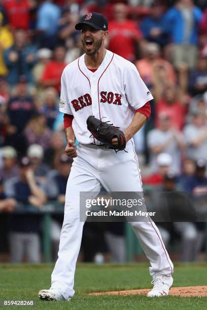 Rick Porcello of the Boston Red Sox reacts in the first inning against the Houston Astros during game four of the American League Division Series at...