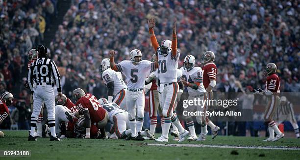 Miami Dolphins kicker Uwe Von Schamann and holder Don Strock celebrate a field goal during Super Bowl XIX, a 38-16 loss to the San Francisco 49ers on...