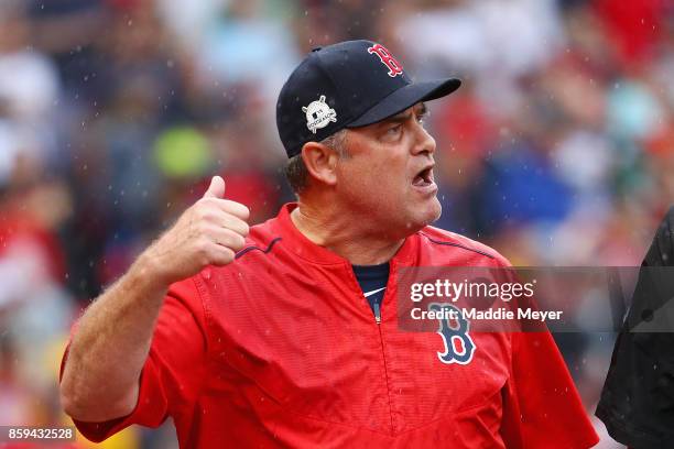 Manager John Farrell of the Boston Red Sox argues a call in the second inning and is ejected from game four of the American League Division Series...