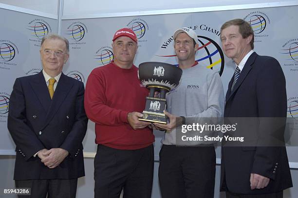 Stephen Dodd and Bradley Dredge of Wales with Jorge Sampaio, President of Portugal and George O'Grady, Exec. Director, PGA European Tour, after...